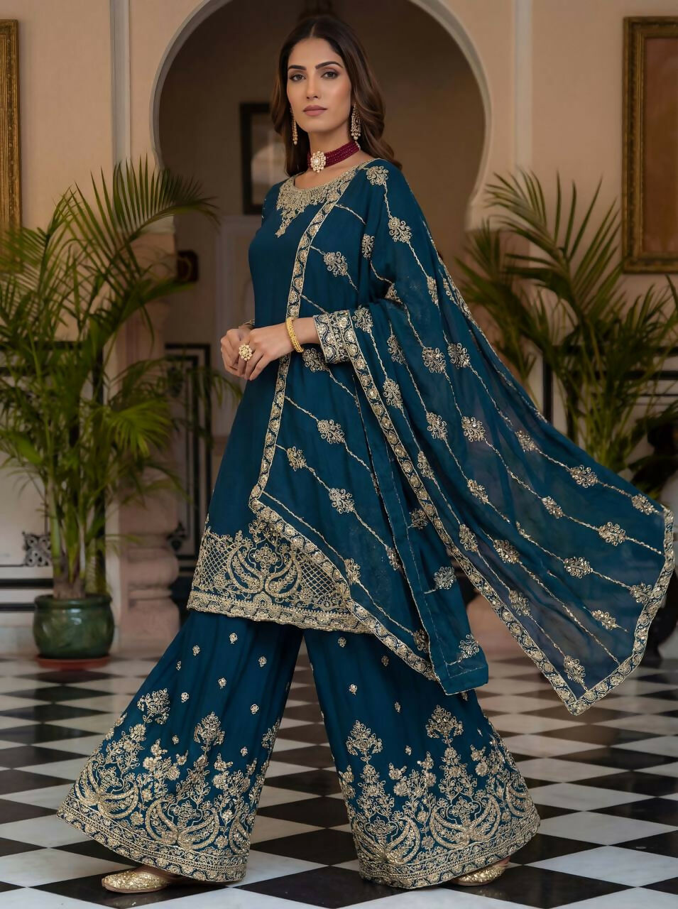 Joban Fashion Teal Silk Embroidered Sharara Set - Distacart