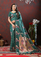 Lorenvalley Fashion Green Soft Paithani Silk Woven Design Copper Zari Meenakari Weaving Saree