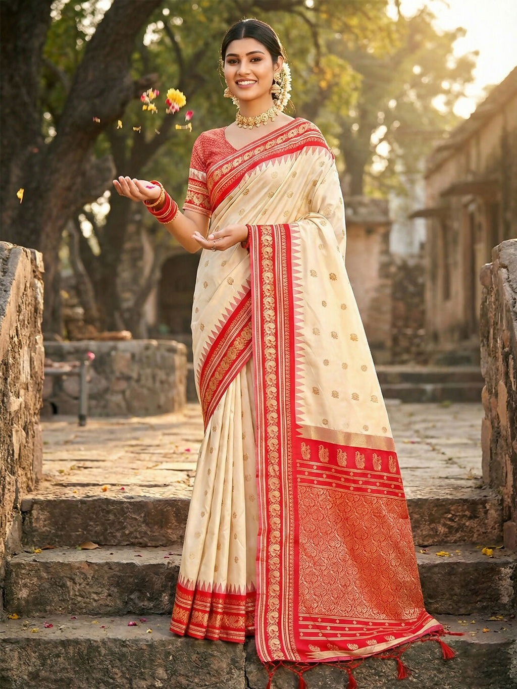 Shree Shyam Fashion Cream Soft Silk Saree - Distacart