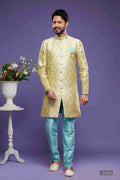 Raivat Ethnic Banarasi Jacquard Embroidery Semi Indo Western Sherwani In Gold Colour