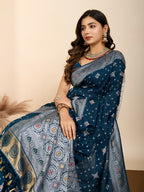 Teal Blue Soft Silk Woven Meenakari Designer Saree - Vedanti