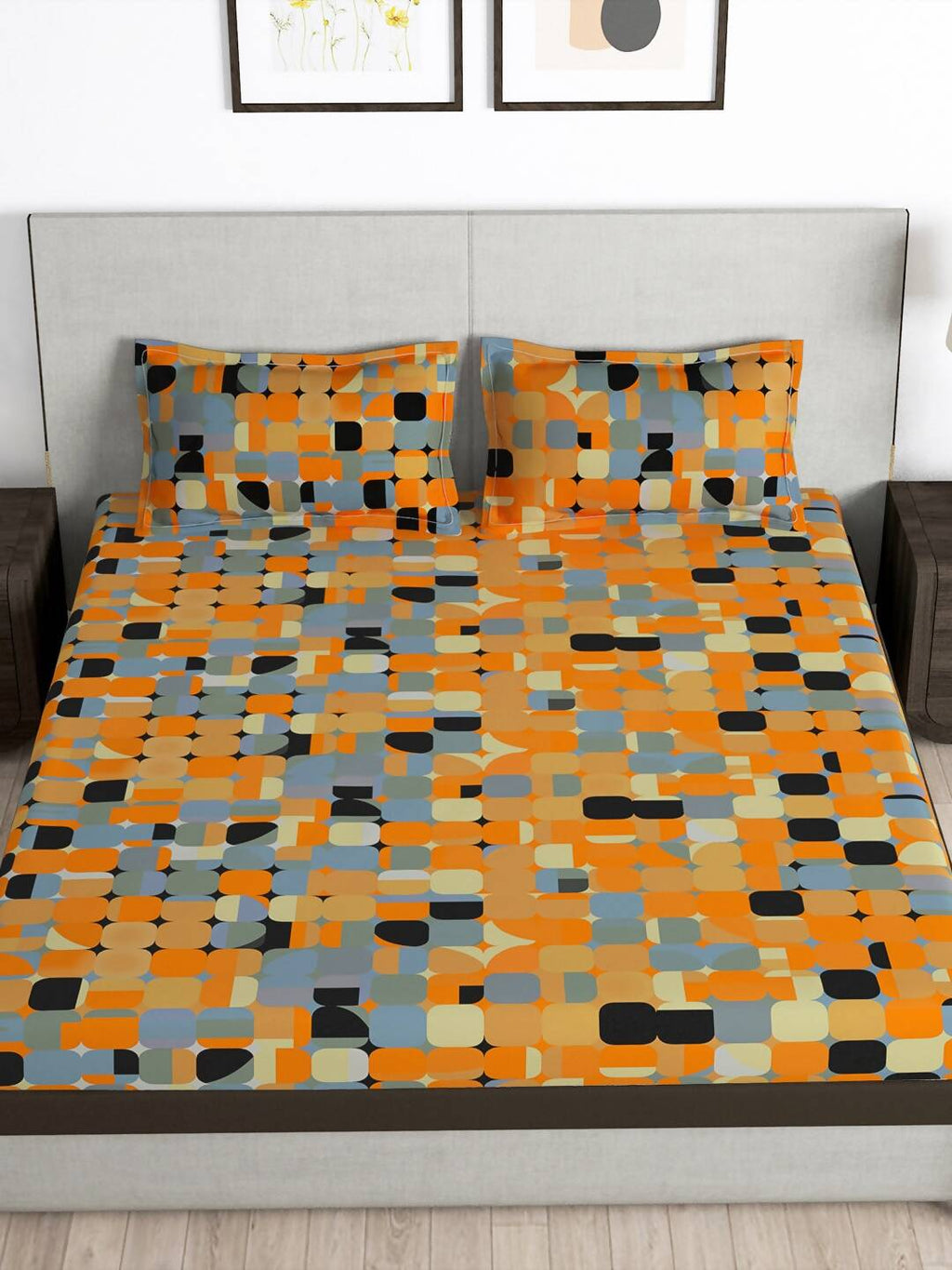 Story@home Orange & White Geometric Microfiber 180 TC Bedsheet With Pillow Cover