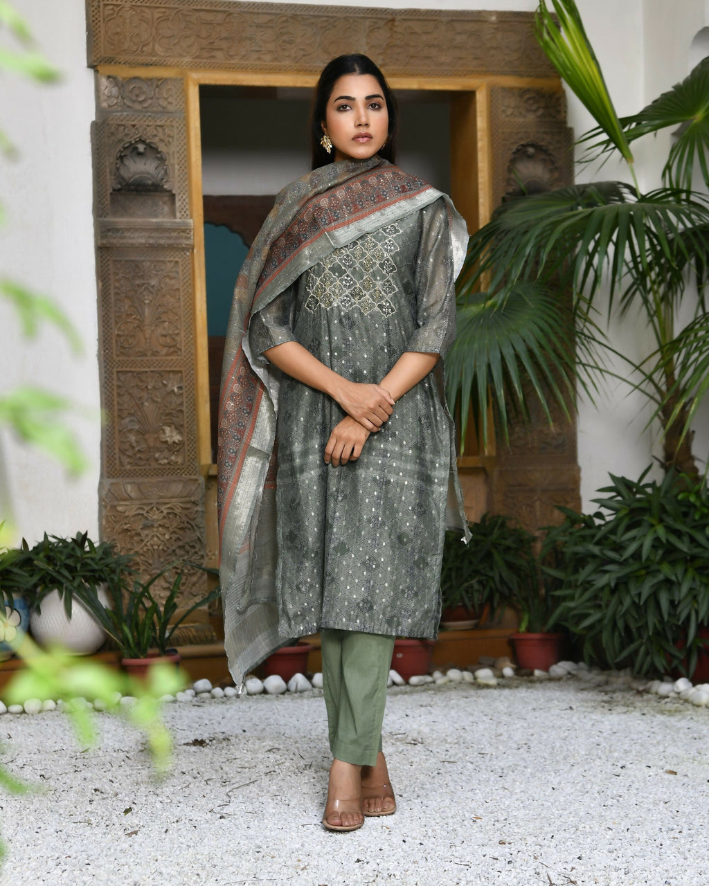 Vaasva Women's Chanderi Printed Suit Set With Pant And Printed Dupatta