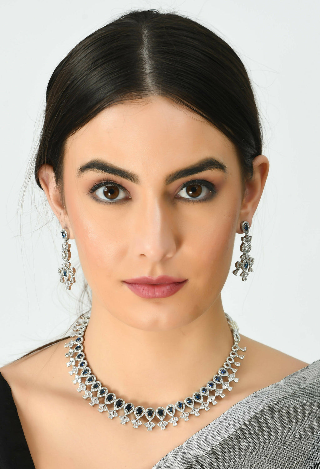 Mominos Fashion Johar Kamal Silver-Plated American Diamond Silver Blue Choker Set - Distacart