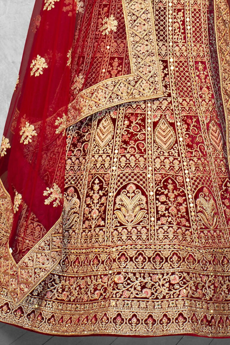 Red Velvet Thread with Hand Work Semi Stitched Lehenga Choli with Dupatta - Nimaya Lagnotsav