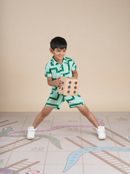 Snakes and Ladders Boys Green Table Print Shirt and Boxer Sets from Siblings Collection