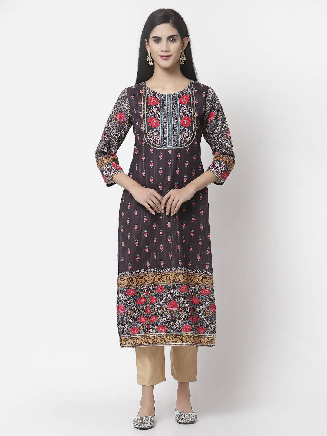 Myshka Women Multicolor Cotton Blend Printed 3/4 Sleeve Round Neck Kurta