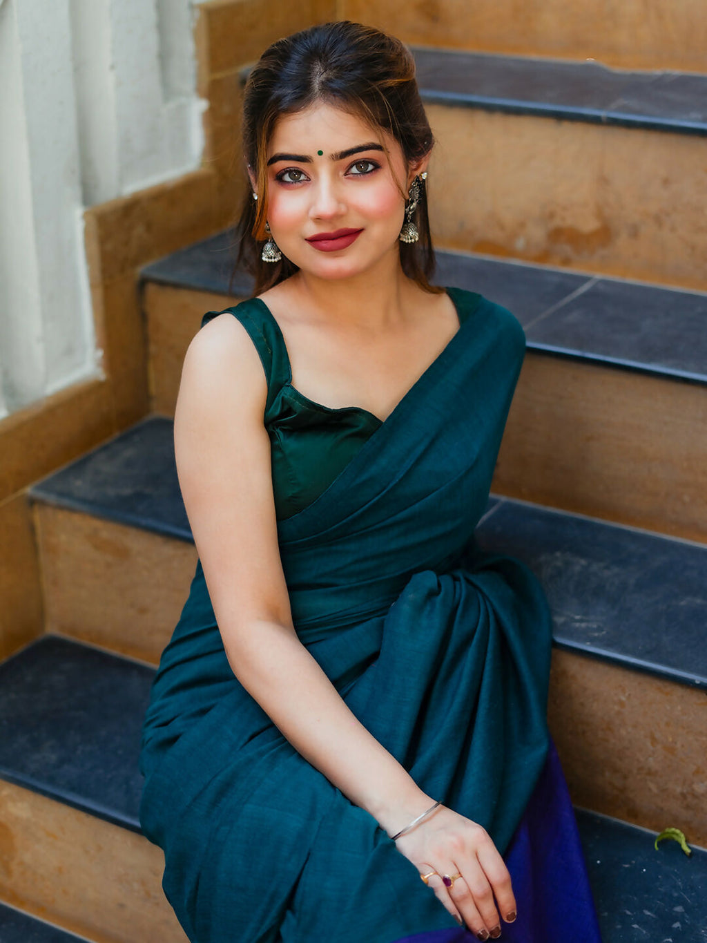 Zibaa Hand-Dyed Mul Cotton Peacock Green Saree with Tassels - Distacart