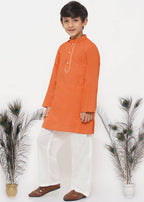 Little Bansi Boys Cotton Kesari Kurta with Pearl Buttons and Pyjama -Orange and Cream