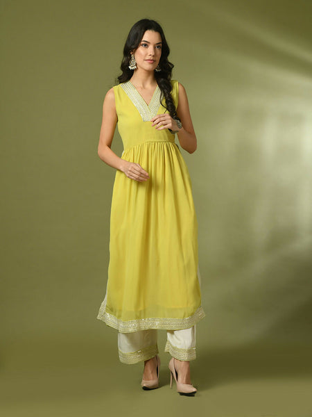 Myshka Women's Yellow Solid Georgette Anarkali Party Kurta Set