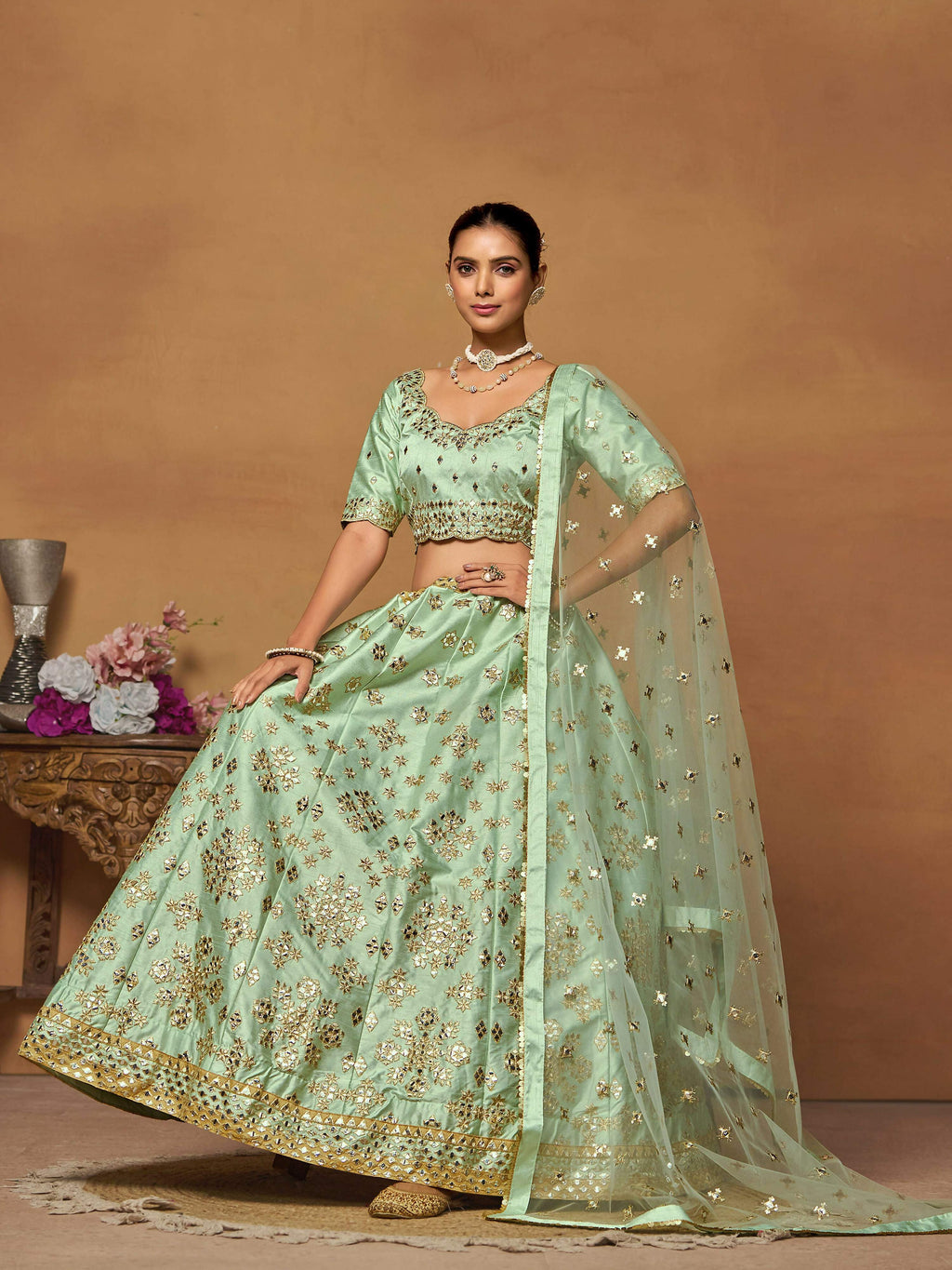 Pista Green Mulberry Silk Foil Paper Mirror Work Lehenga Choli - Jihu Culture