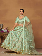 Pista Green Mulberry Silk Foil Paper Mirror Work Lehenga Choli - Jihu Culture