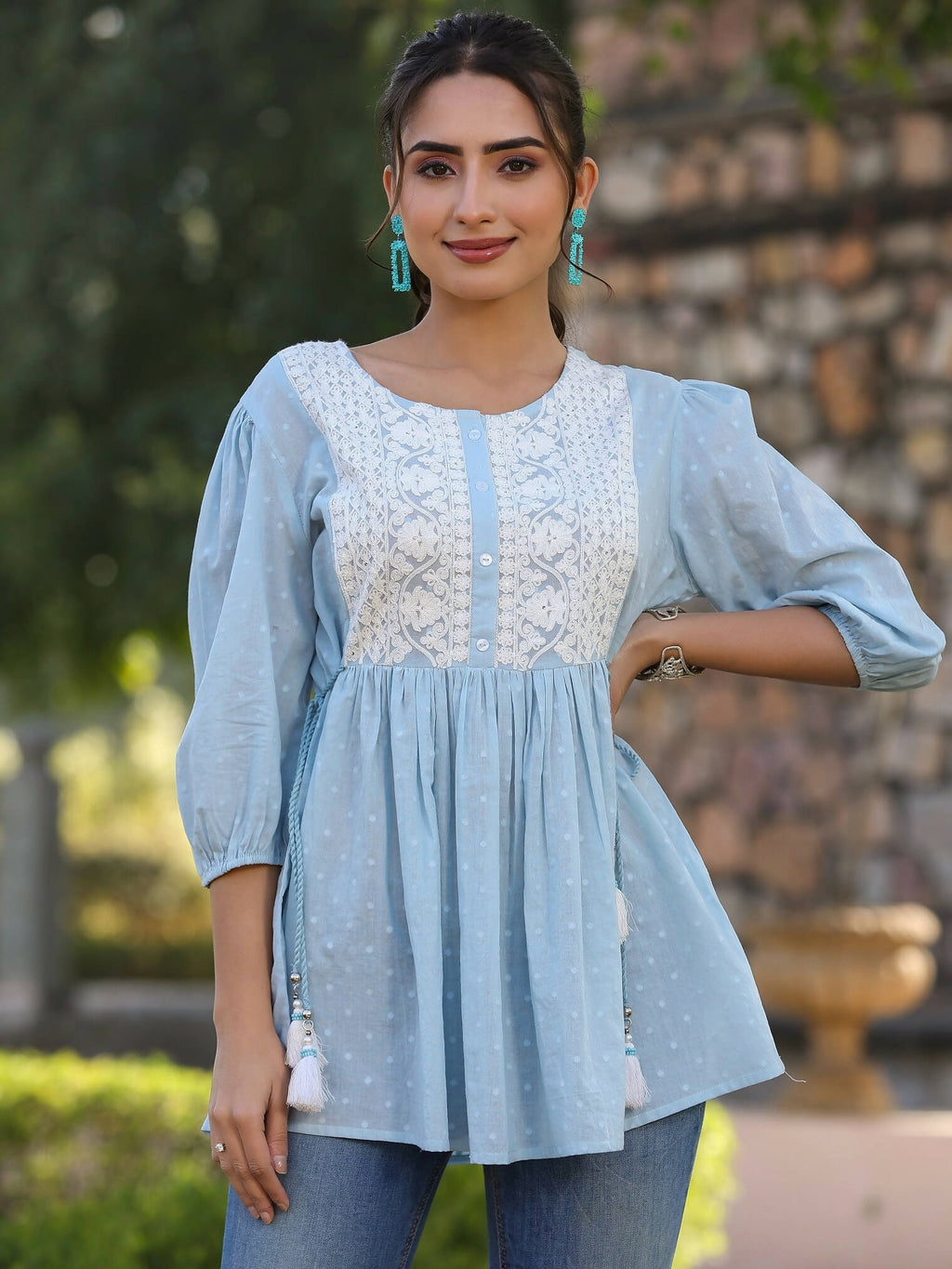 Juniper Women's Blue Cotton Dobby Solid With Embroidered Straight Tunic - Distacart