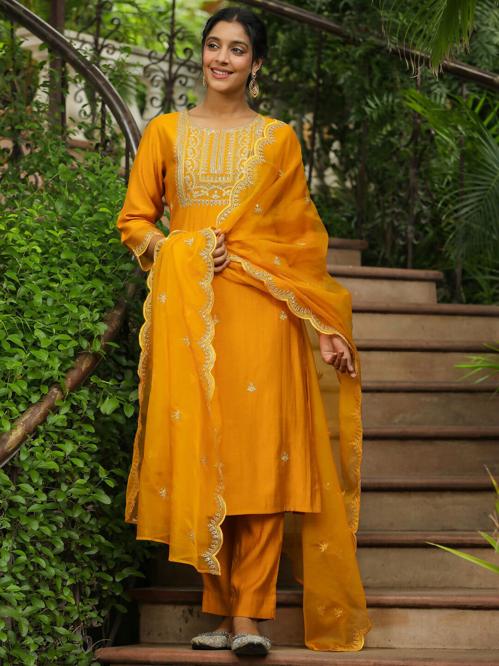 Janasya Mustard Silk Blend Embroidered Kurta,Bottom & Dupatta