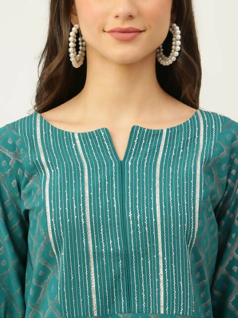 FIORRA Women's Teal Green Crepe Straight Kurta Skirt With Dupatta