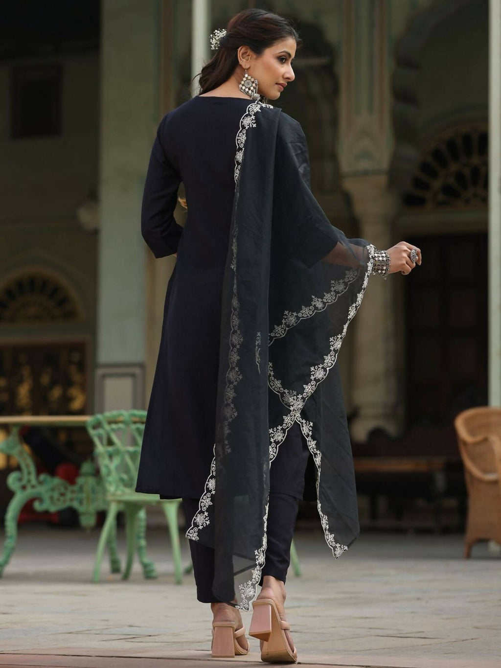 Juniper Women's Black Chinnon Solid Embroidered Kurta Set - Distacart
