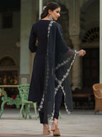 Juniper Women's Black Chinnon Solid Embroidered Kurta Set - Distacart