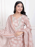 Miravan Women Brown Floral Printed Cotton Straight Ethnic Kurta with Palazzo and Dupatta