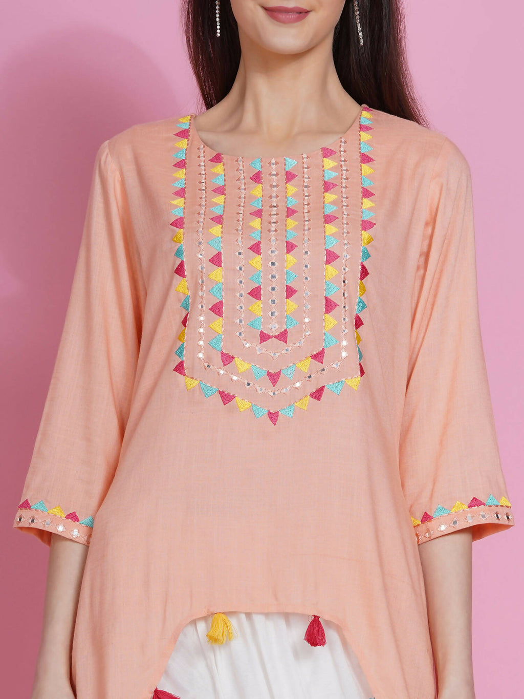 Women Republic Peach Rayon Embroidered Kurta With Mirror Work And Tulip Pants - Distacart