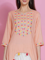 Women Republic Peach Rayon Embroidered Kurta With Mirror Work And Tulip Pants - Distacart
