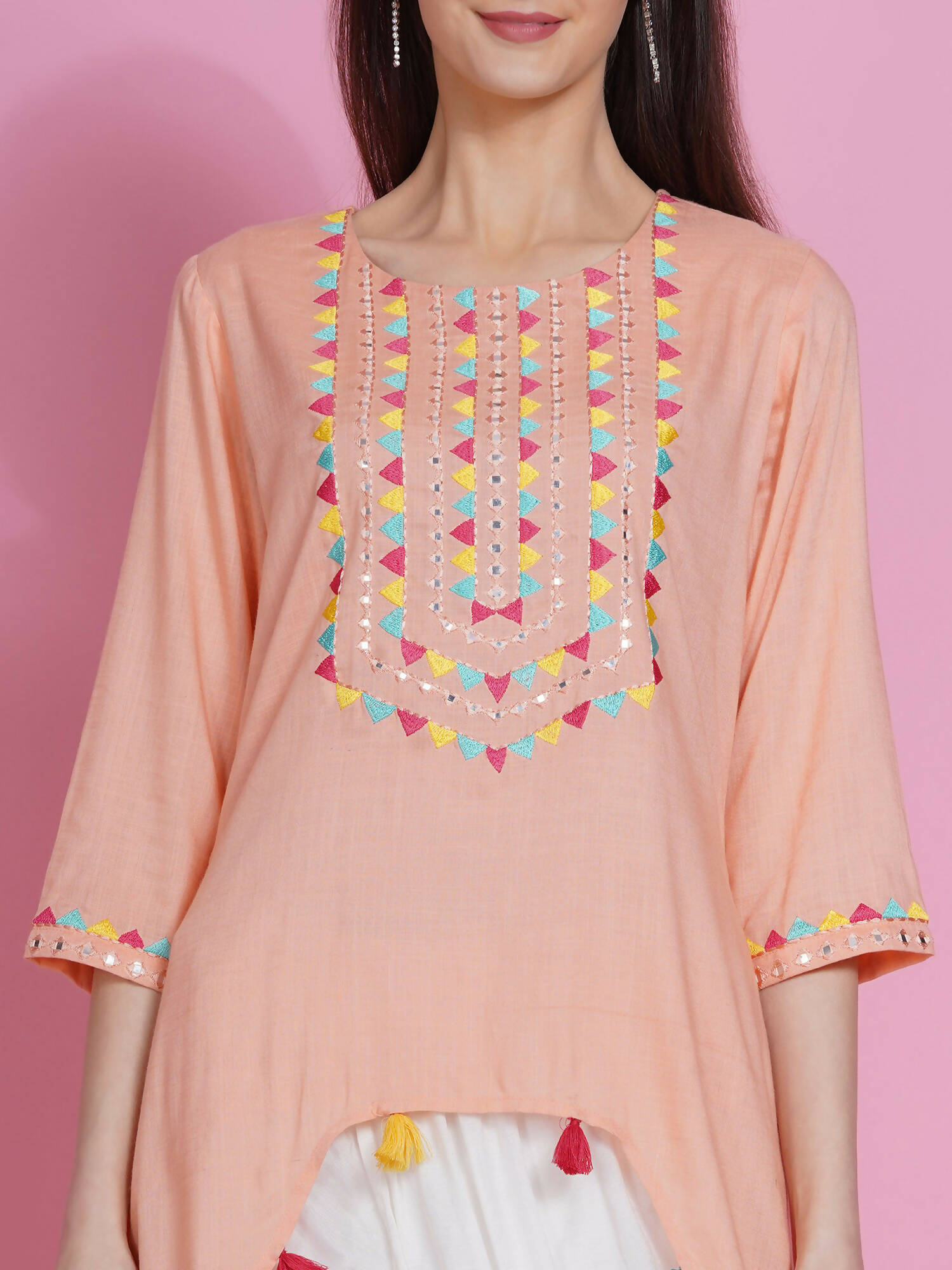Women Republic Peach Rayon Embroidered Kurta With Mirror Work And Tulip Pants - Distacart