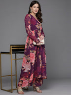 Ahalyaa Women Floral Printed Angrakha Kurta with Palazzos - Burgundy Color