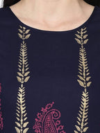 Aniyah Rayon Navy Blue Color Block Print A-line Flared Long Kurta With Two Front Slits (AN-215K)