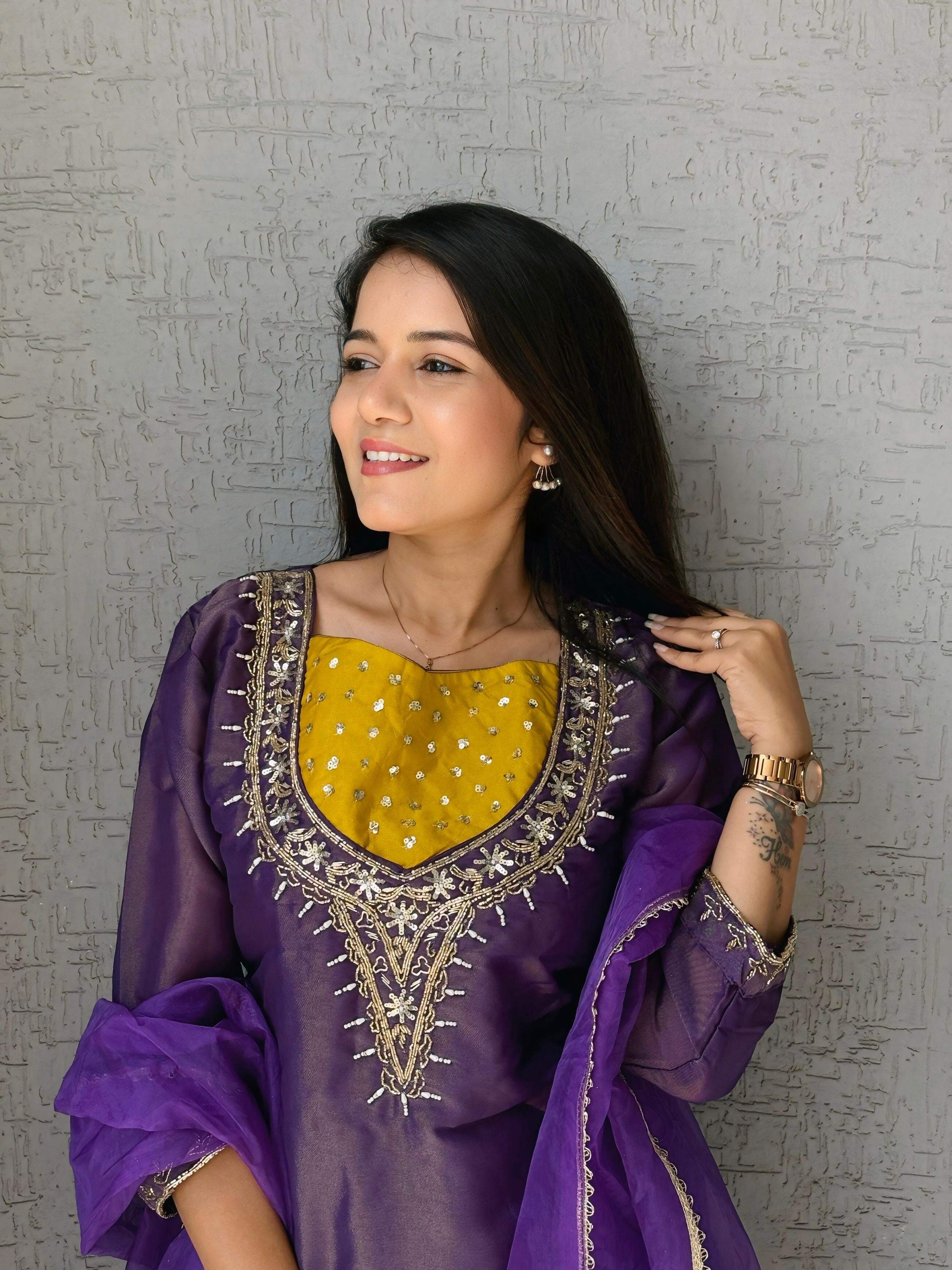 Anaita Purple Roman Shimmer Readymade Kurti Set with Handwork & Moti Work - Distacart