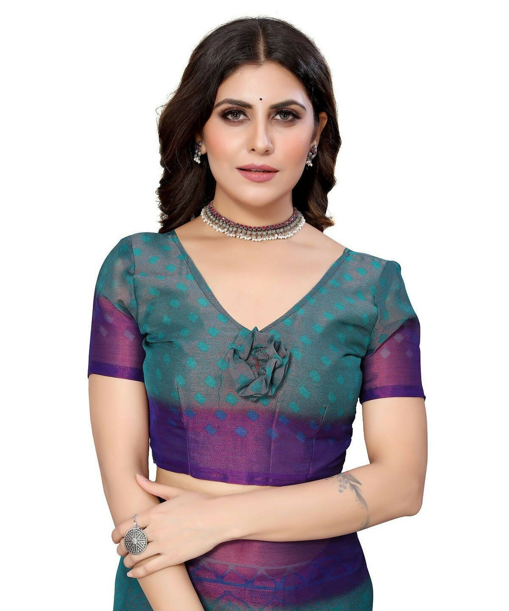 Vamika Rama Green Chiffon Brasso Bollywood Style Woven Saree (BAMBI RAMA) - Distacart