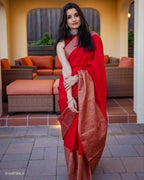 DEIANA'S Beautiful Designer Golden zari Soft Lichi Silk Saree - Red