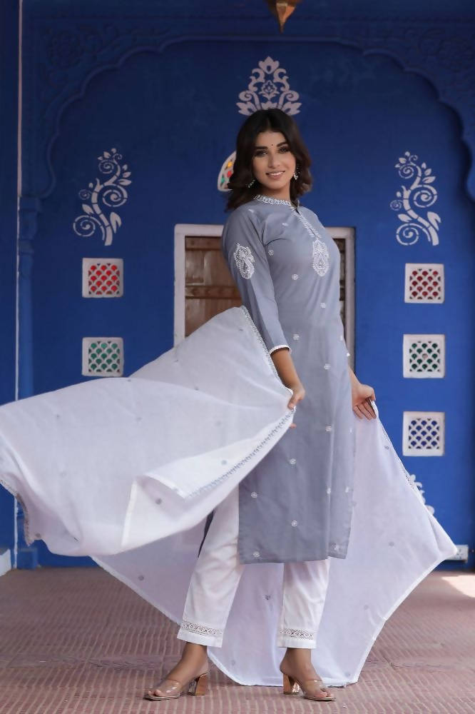 Yufta Kurta Women Grey & White Embroidered Kurta with Palazzo & Dupatta