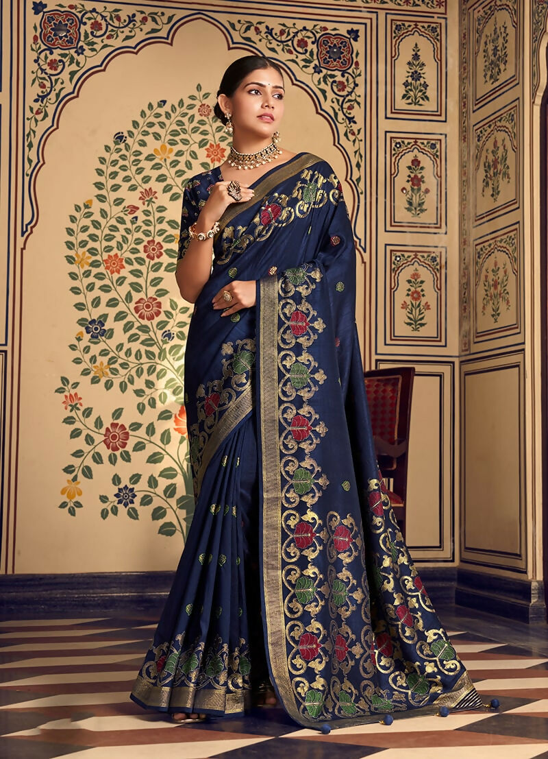 Monjolika Fashion Navy Blue Silk Blend Banarasi Zari Work Classic Saree - Distacart