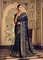 Monjolika Fashion Navy Blue Silk Blend Banarasi Zari Work Classic Saree - Distacart