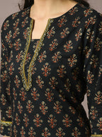 Myshka Women's Black Printed Cotton Straight Party Kurta Set With Dupatta