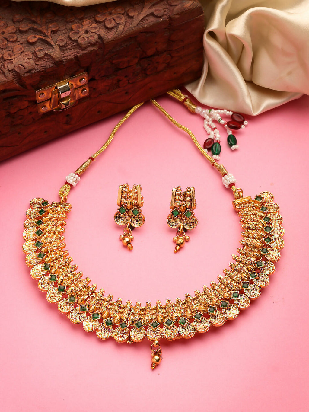 NVR Women's Gold-Polished Green Stone Studded Handcrafted Temple Jewellery Set