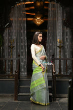 Very Much Indian VMI Exclusive Designer! Handloom Cotton Silk Saree With Sleek Golden Border - Sage Grey
