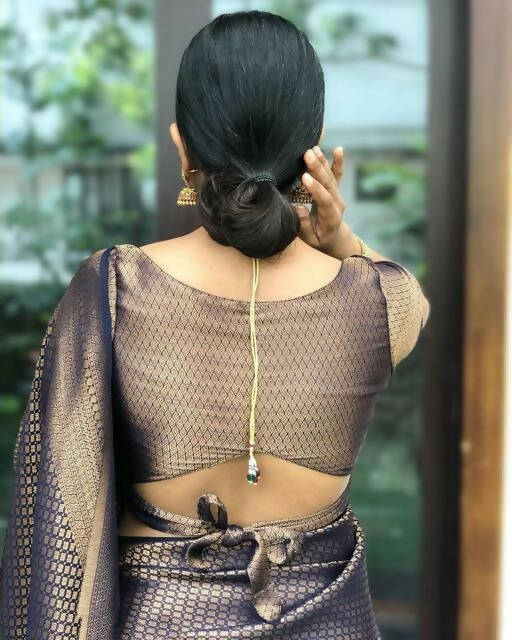 DEIANA'S Beautiful Designer Golden zari Soft Lichi Silk Saree - Navy Blue