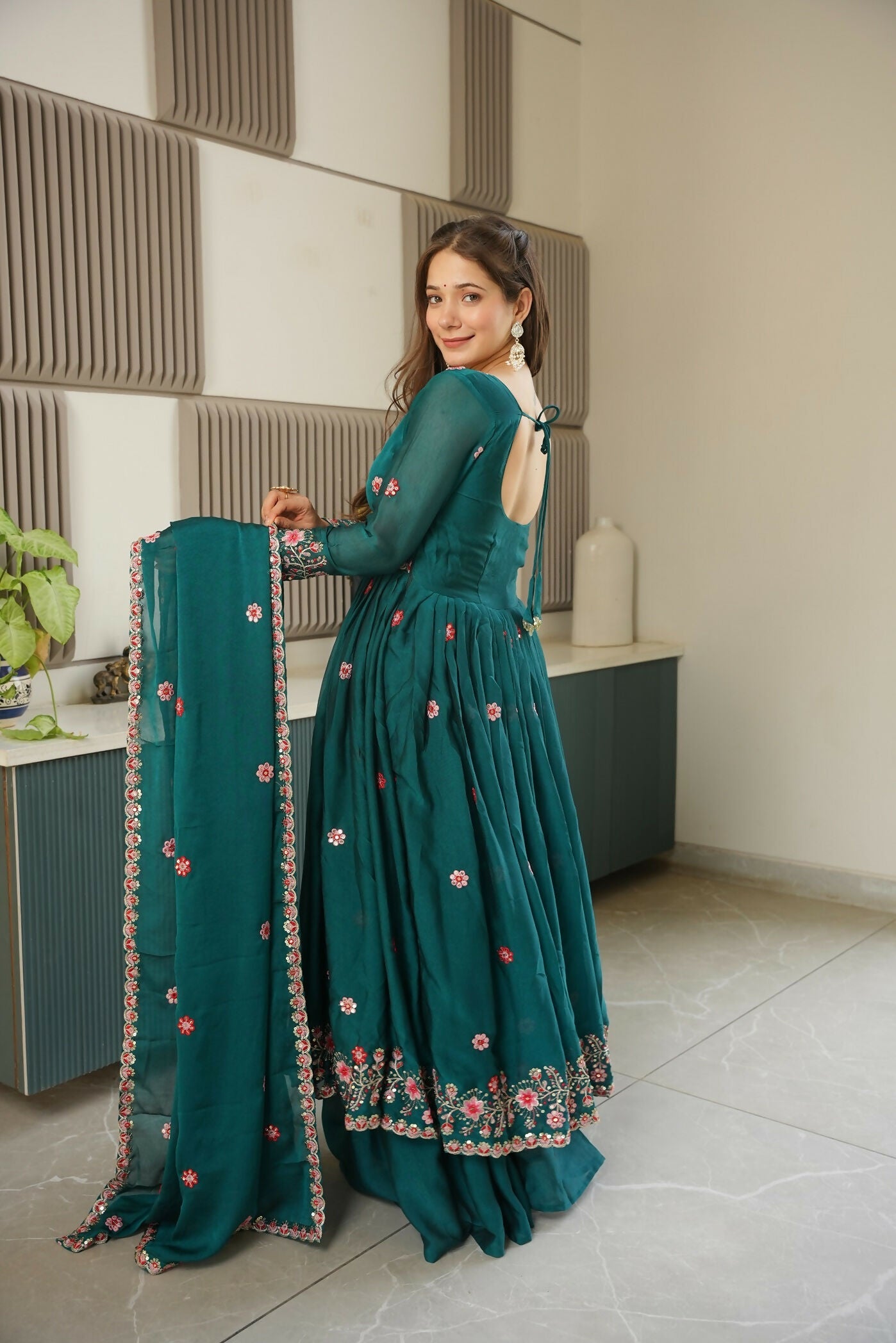 Teeya Creation Rama Color Heavy Crush Silk Wedding Wear Embroidery Work Long Gown - Distacart