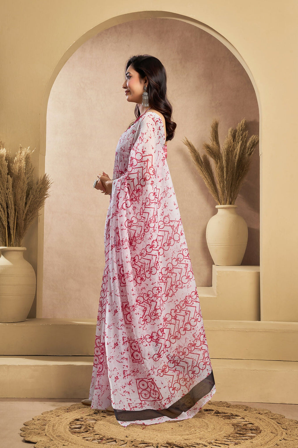 Vastranavya White Red Digital Printed Linen Ready To Wear Designer Saree with Unstitched Blouse - Distacart