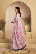 Vastranavya White Red Digital Printed Linen Ready To Wear Designer Saree with Unstitched Blouse - Distacart