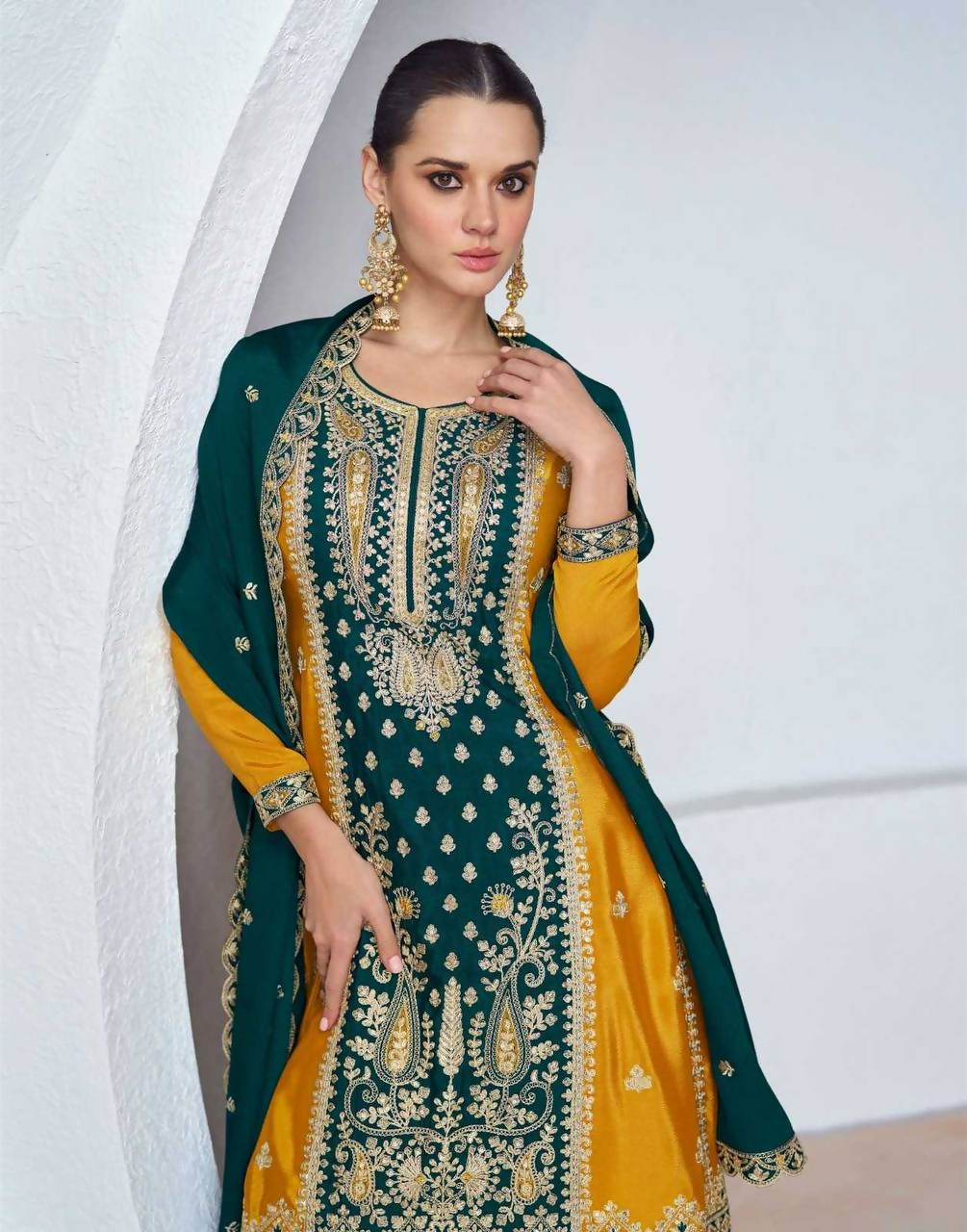 Lorenvalley Fashion Yellow and Rama Chinon Embroidery With Sequince Work Salwar Kameez Stitched