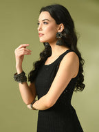 Myshka Women's Black Embroidered Cotton Straight Party Kurta Set
