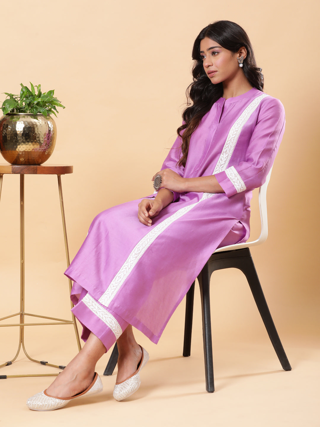 BohoJazz Lucknowi Handwork with Sequin Chanderi Kurta Pant - Purple - Distacart
