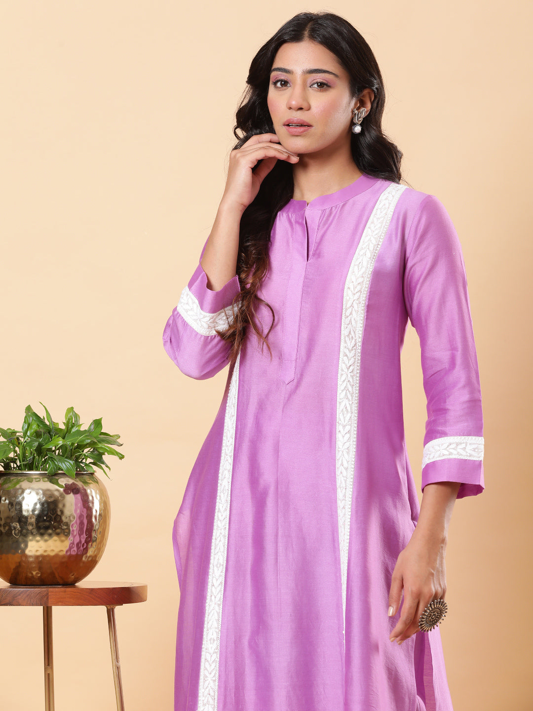 BohoJazz Lucknowi Handwork with Sequin Chanderi Kurta Pant - Purple - Distacart