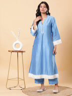 BohoJazz Lucknowi Handwork with Pearls Chanderi Kurta Pant - Blue - Distacart