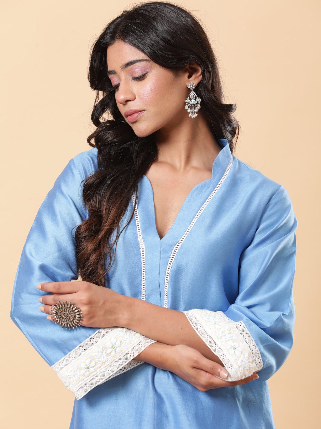 BohoJazz Lucknowi Handwork with Pearls Chanderi Kurta Pant - Blue - Distacart