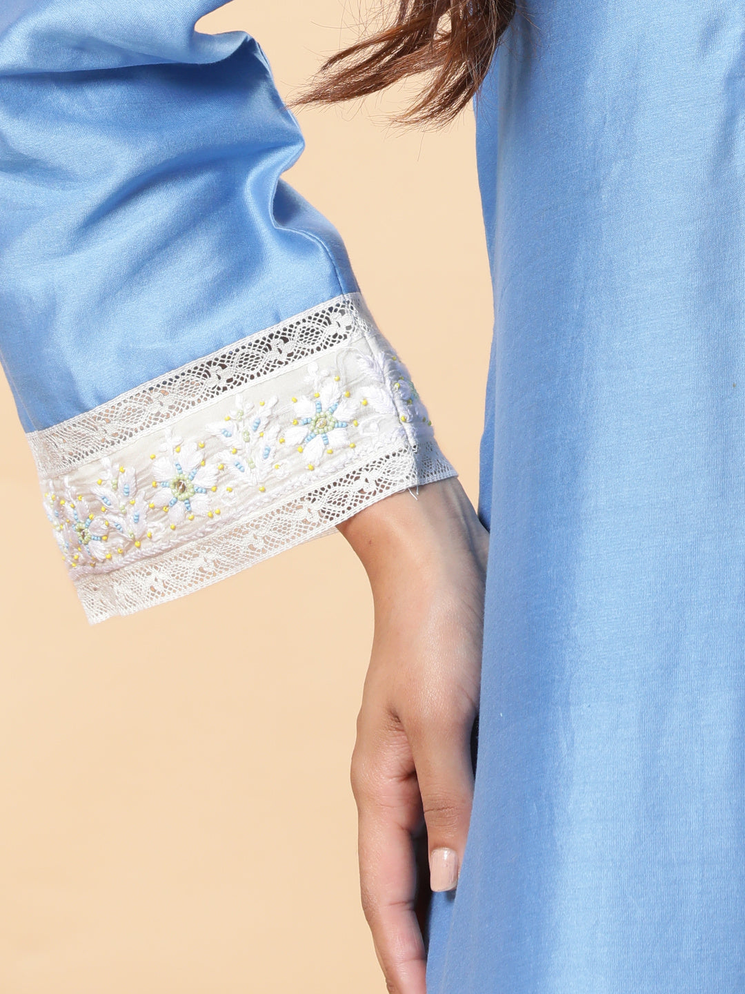 BohoJazz Lucknowi Handwork with Pearls Chanderi Kurta Pant - Blue - Distacart
