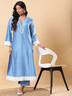 BohoJazz Lucknowi Handwork with Pearls Chanderi Kurta Pant - Blue - Distacart