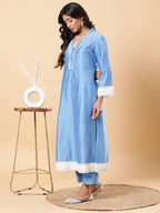 BohoJazz Lucknowi Handwork with Pearls Chanderi Kurta Pant - Blue - Distacart