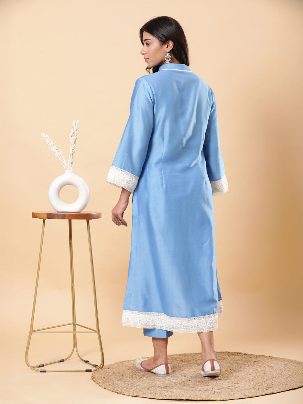 BohoJazz Lucknowi Handwork with Pearls Chanderi Kurta Pant - Blue - Distacart